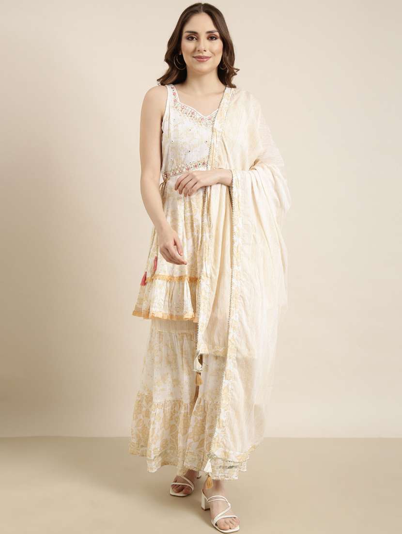 women printed kurta sharara set with dupatta