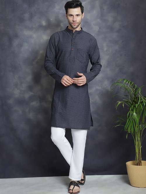 men mandarin neck striped long kurta - 20961270 - Standard Image - 0
