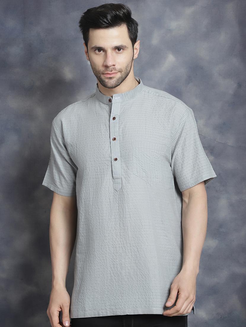 grey striped printed detailed short kurta - 20961277 -  Zoom Image - 0