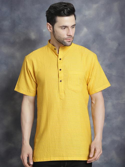 yellow striped printed detailed short kurta - 20961279 -  Standard Image - 0