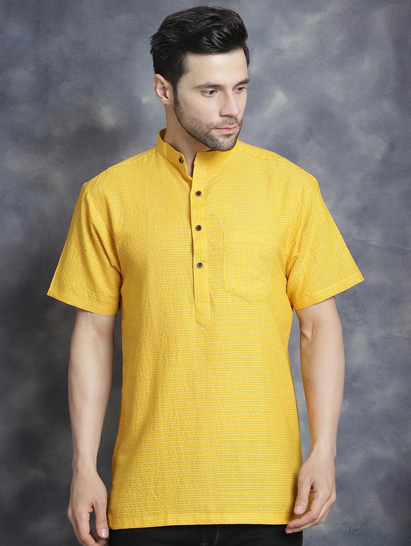 yellow striped printed detailed short kurta - 20961279 -  Zoom Image - 0