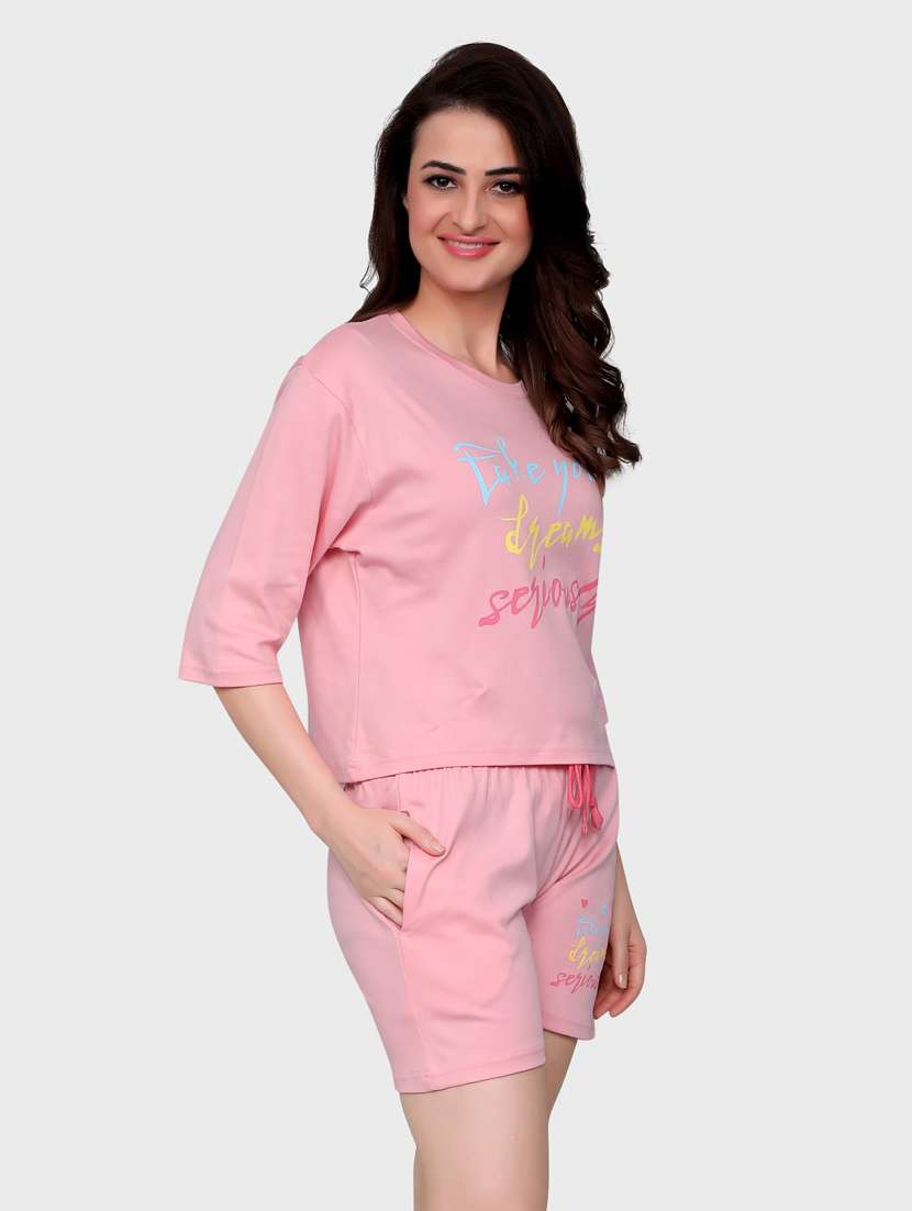 women pink printed detailed top & shorts set - 20961840 -  Standard Image - 2
