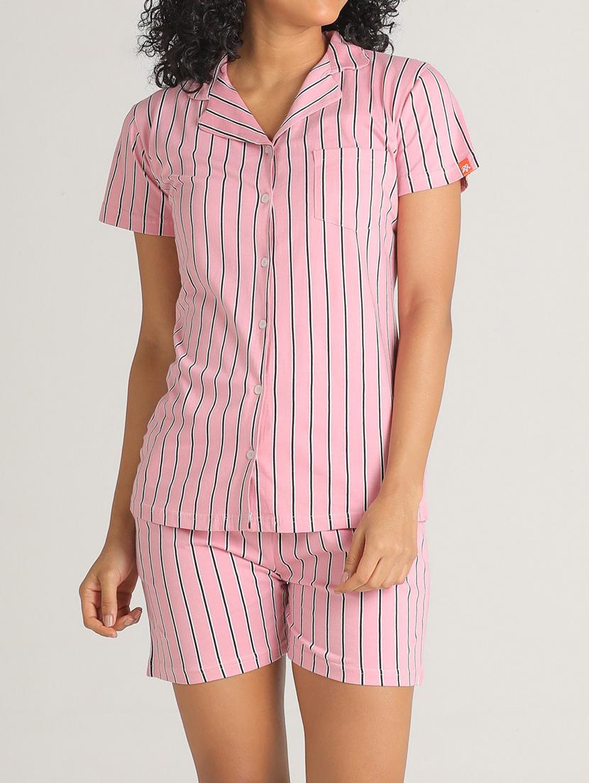 women pink striped printed shirt & shorts set - 20961842 - Standard Image - 2