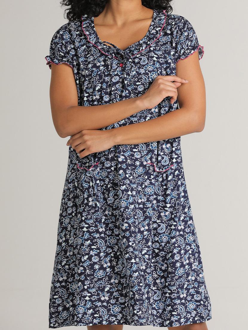 women navy blue printed detailed night dress - 20961882 - Standard Image - 2