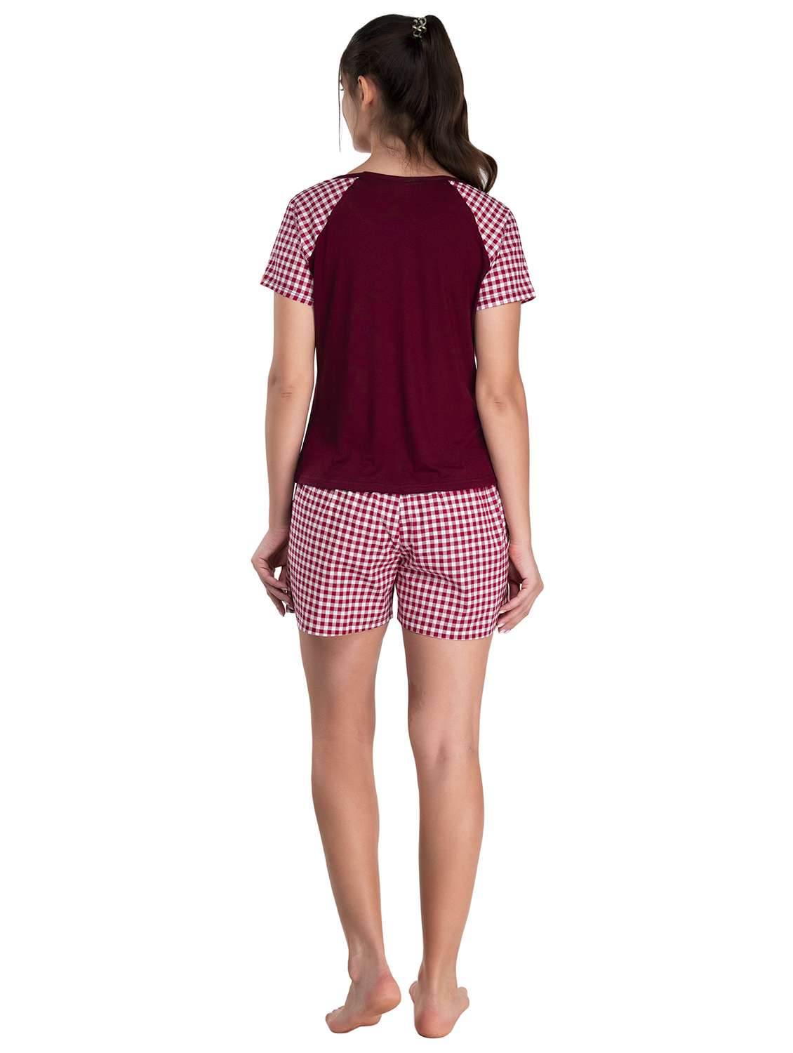 women burgundy checked printed detailed top & shorts set - 20962050 - Standard Image - 2