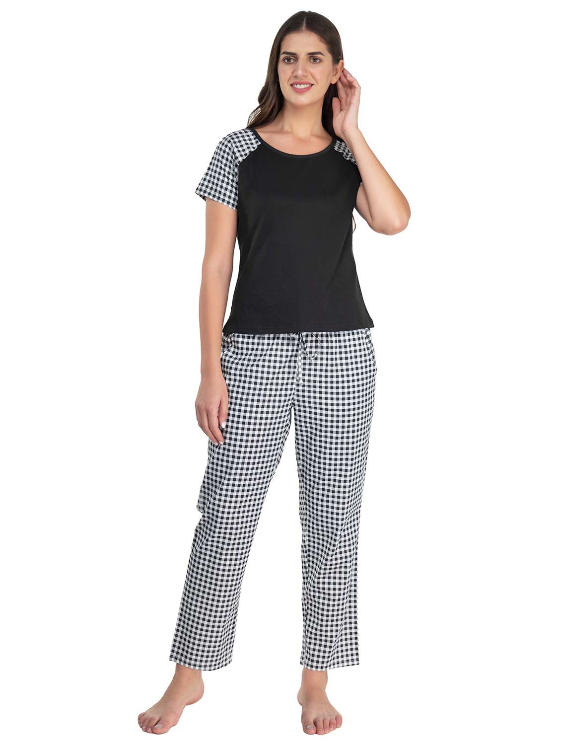 women black checked printed top & pyjama set
