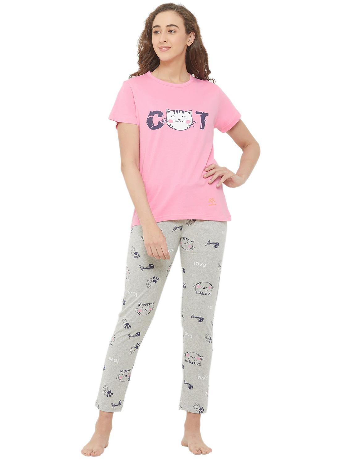 pink & grey printed detailed top & pyjama set