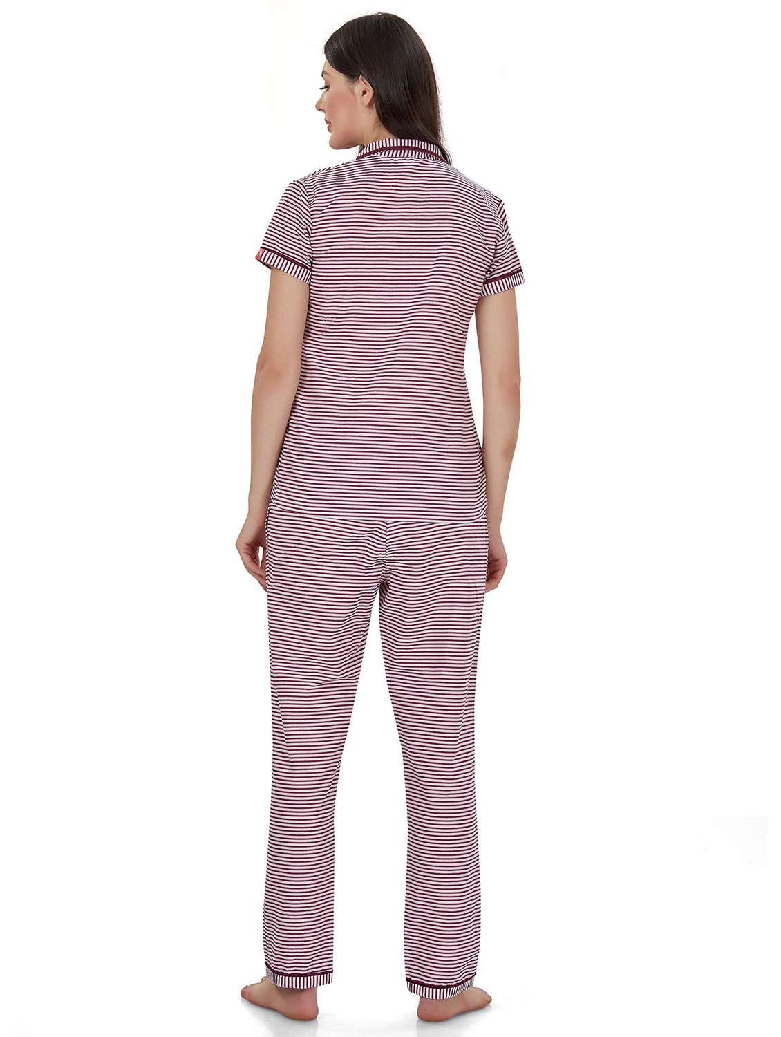 women lapel neck printed stripes nightwear set - 20962243 -  Standard Image - 2