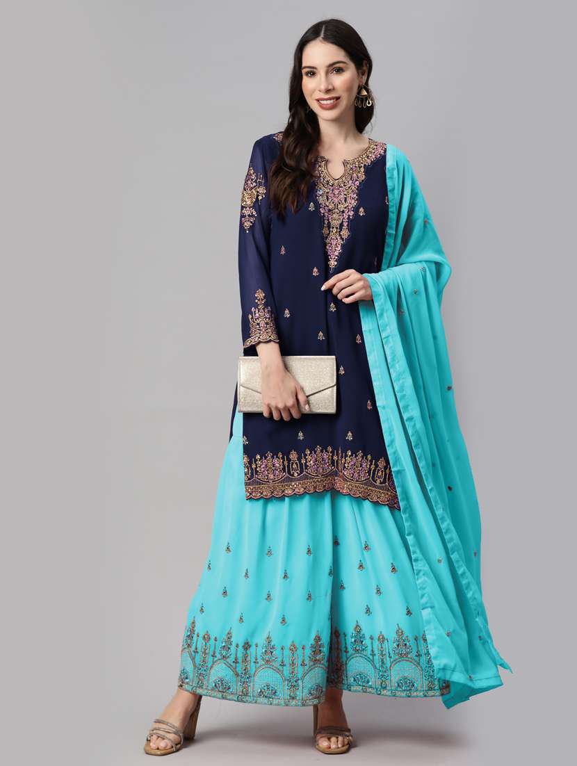 women blue semi-stitched sharara suits