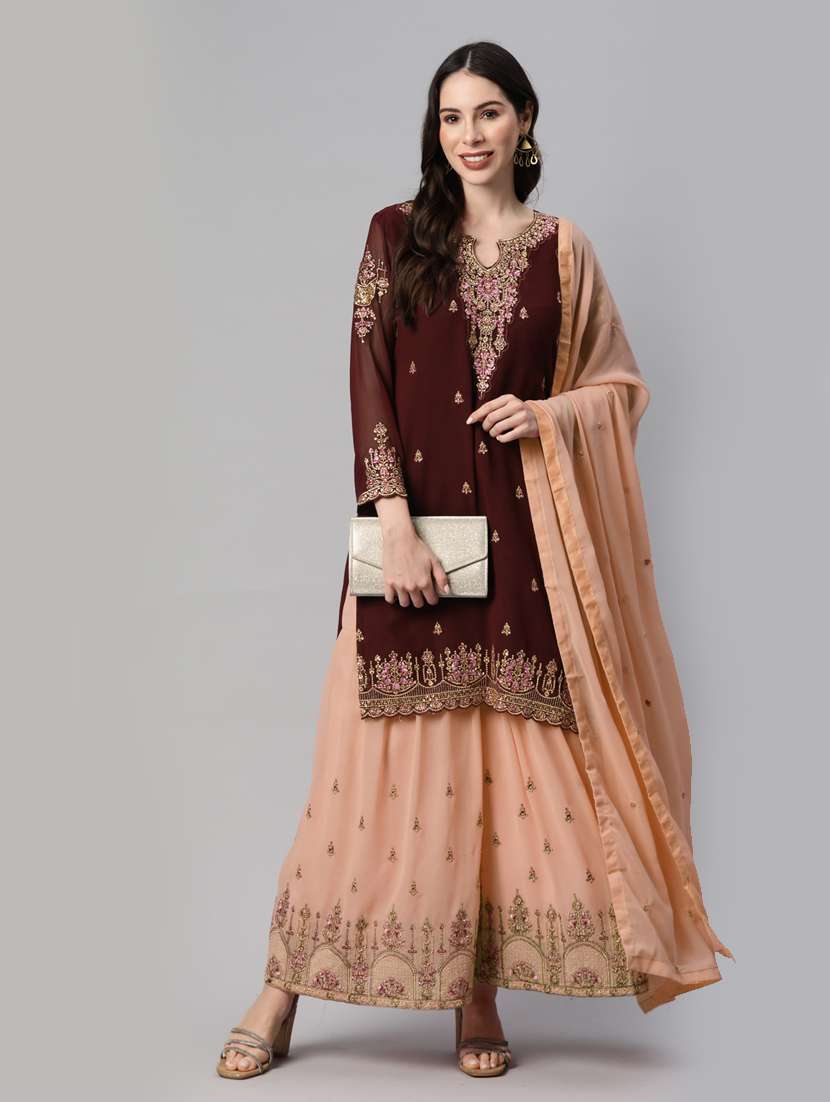 women brown semi-stitched sharara suits