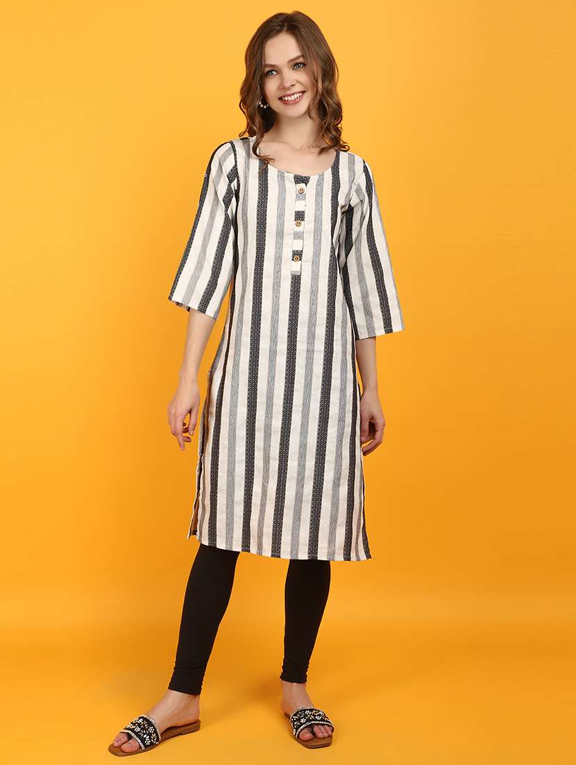 women white stripes round neck straight kurta