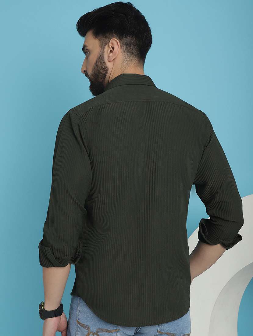 men olive stripes casual shirt - 20962813 - Standard Image - 2