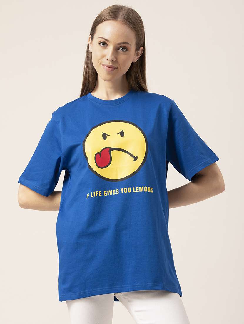 blue front print detailed oversized t-shirt