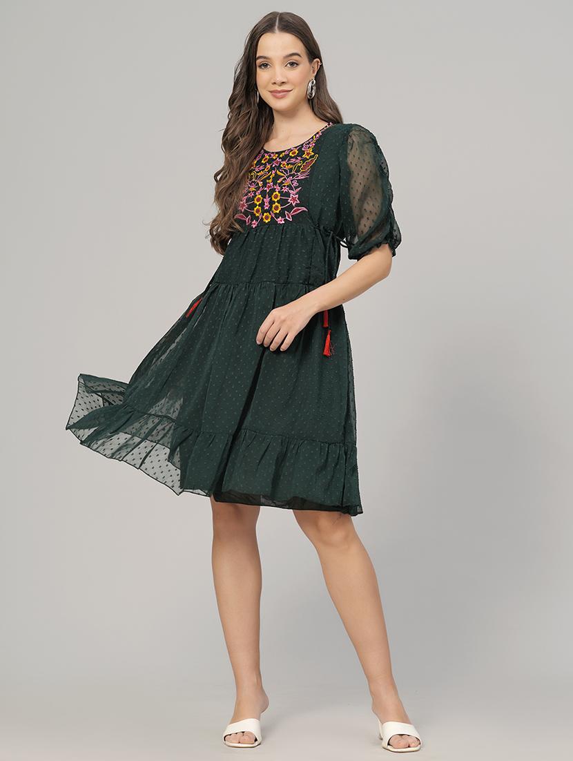 green crepe fit & flare dress - 20963197 -  Zoom Image - 0