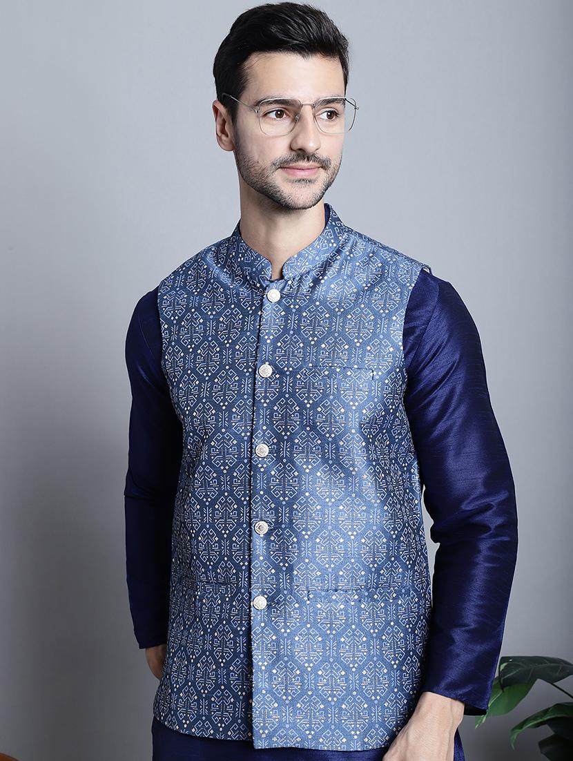 men printed sleeveless regular fit nehru jacket - 20963813 - Standard Image - 2