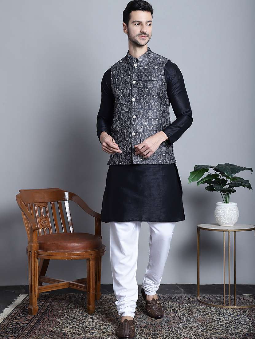 men printed sleeveless regular fit nehru jacket