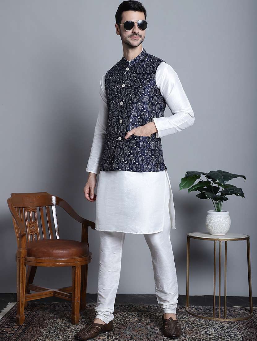 men printed sleeveless regular fit nehru jacket