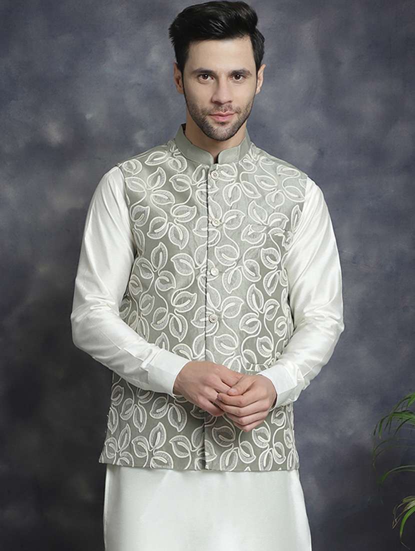 men solid with work sleeveless regular fit nehru jacket - 20963820 -  Standard Image - 2