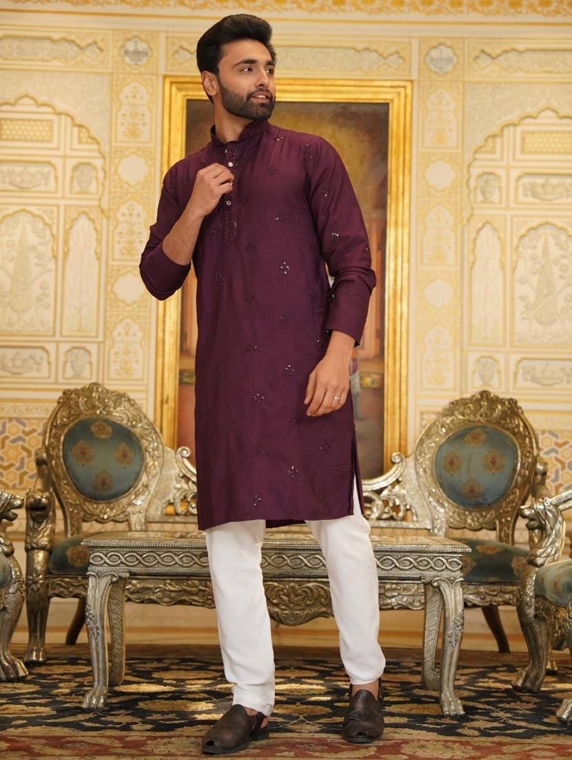 men mandarin neck embroidered long kurta - 20963849 - Standard Image - 2