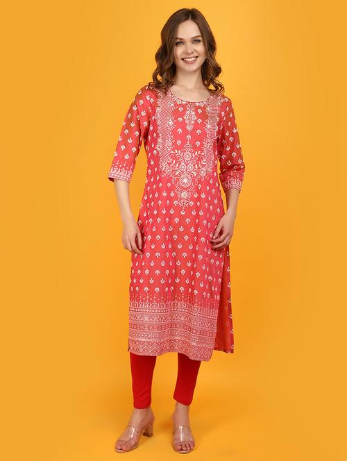women coral round neck straight kurta - 20965300 - Standard Image - 0