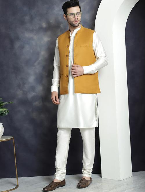 men full sleeve kurta pyjama with jacket ethnic wear set - 20965412 - Standard Image - 0