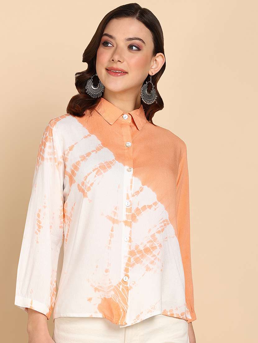 peach tie & dye printed detailed regular shirt