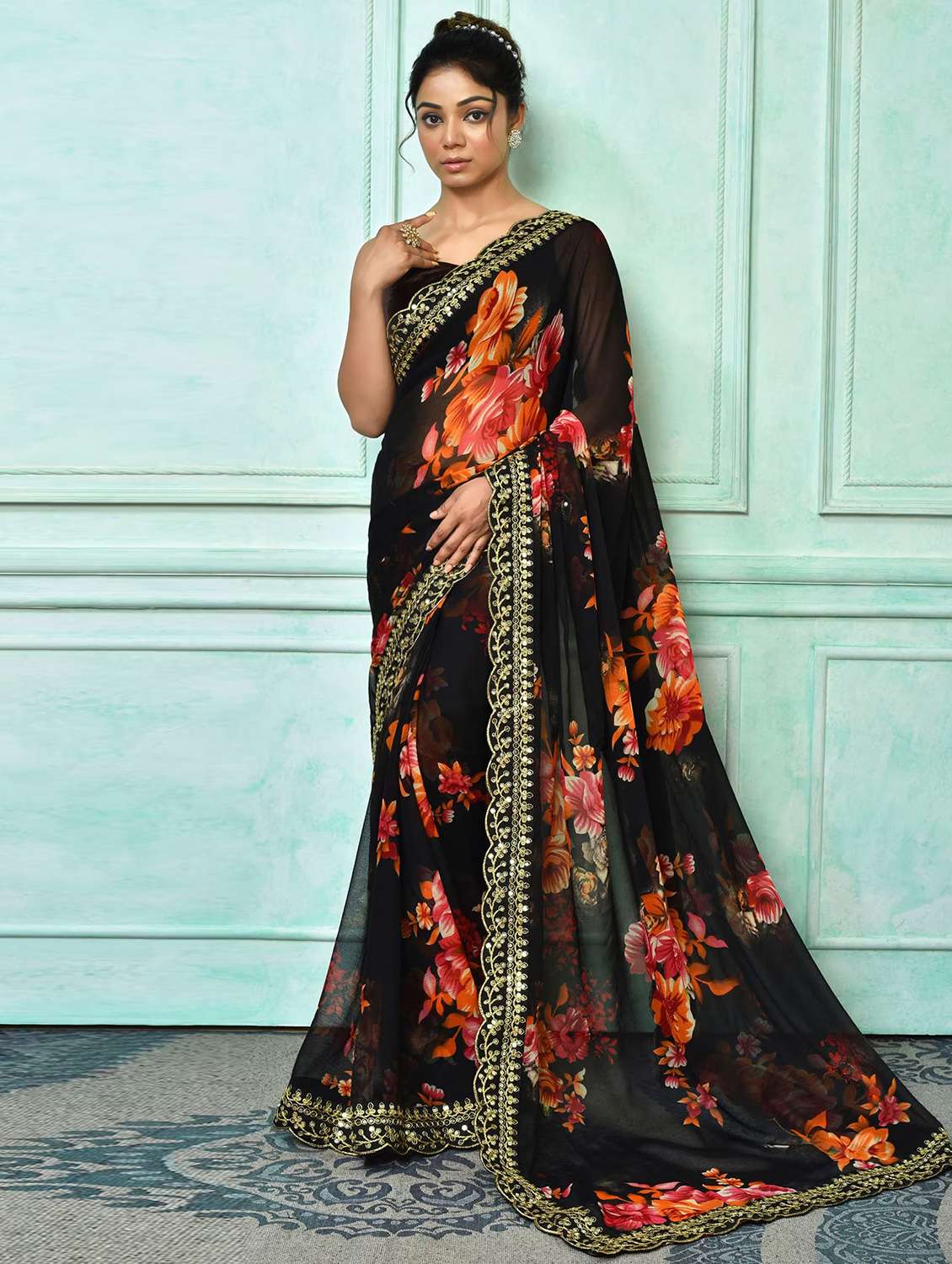 floral printed saree with lace border with blouse