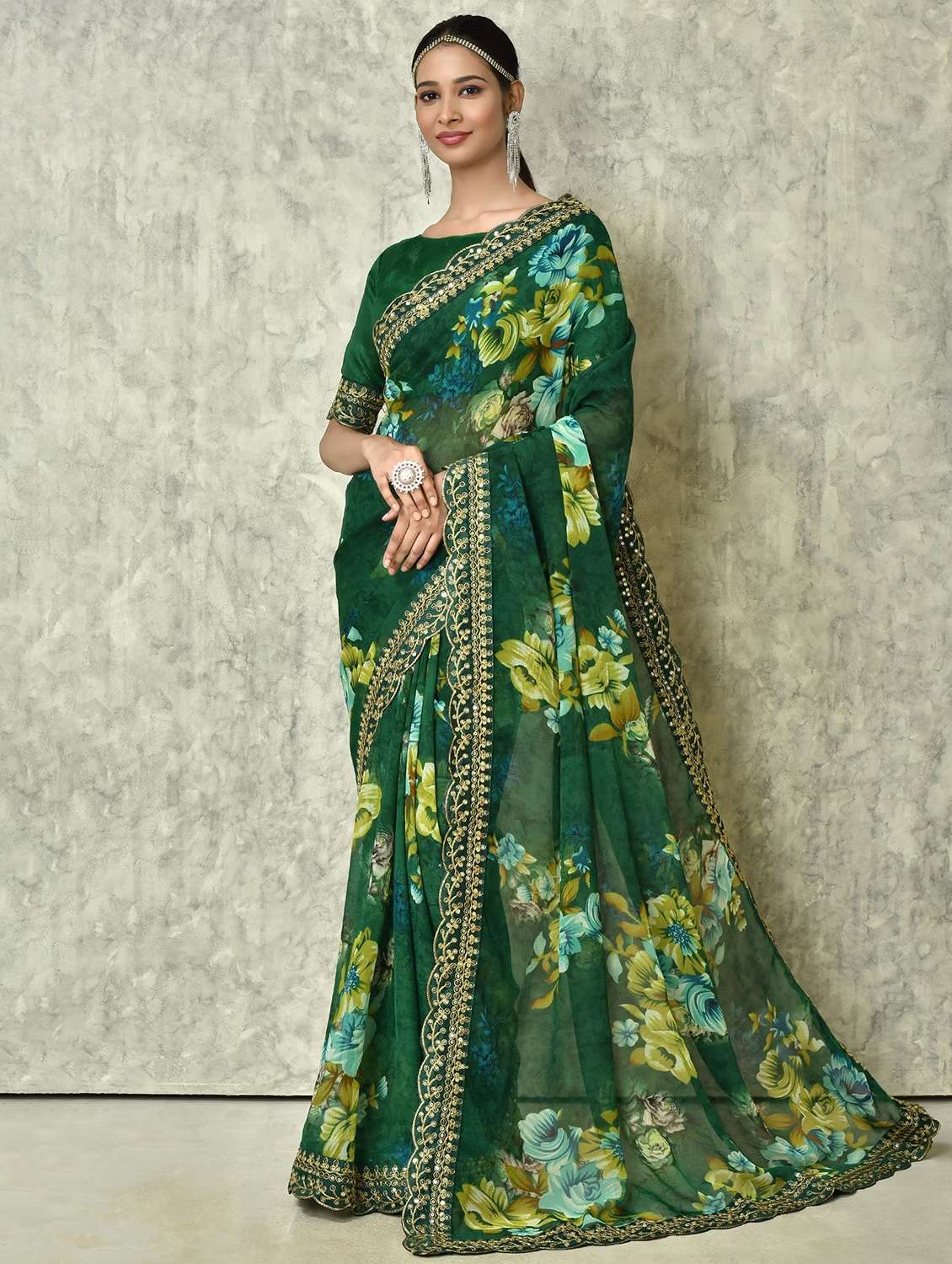 floral printed saree with lace border with blouse