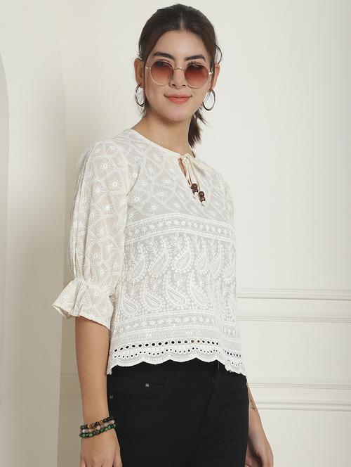 white embroidered detailed regular top - 20965562 - Standard Image - 0