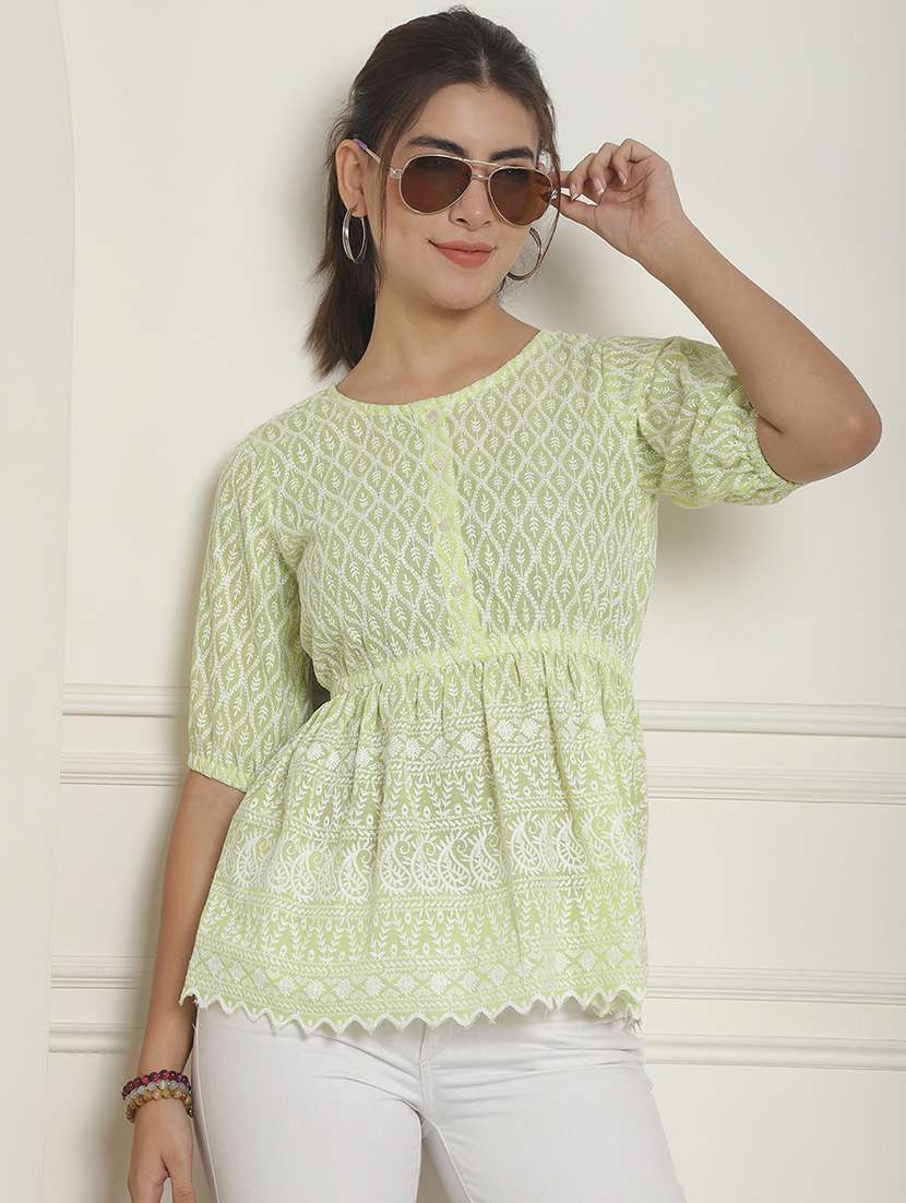 green embroidered detailed peplum top