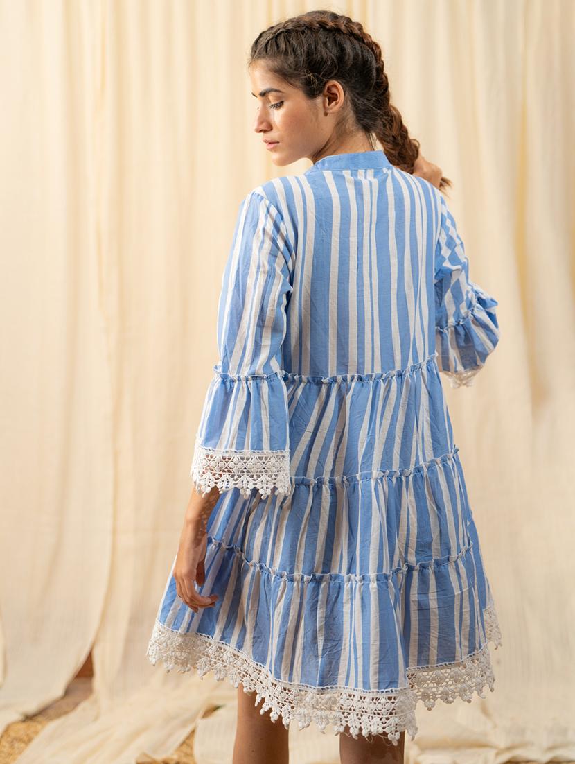 women blue mandarin neck tiered dress - 20966077 - Standard Image - 2