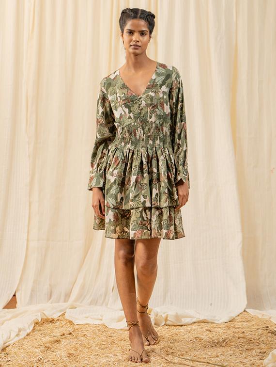 women green v neck printed fit & fare dress - 20966080 -  Zoom Image - 0