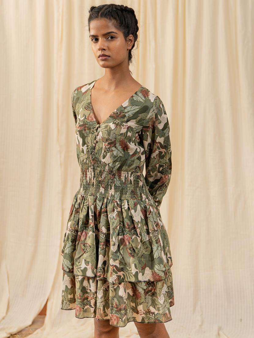 women green v neck printed fit & fare dress - 20966080 - Standard Image - 2