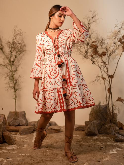 women beige v neck fit & flare dress - 20966099 - Standard Image - 0