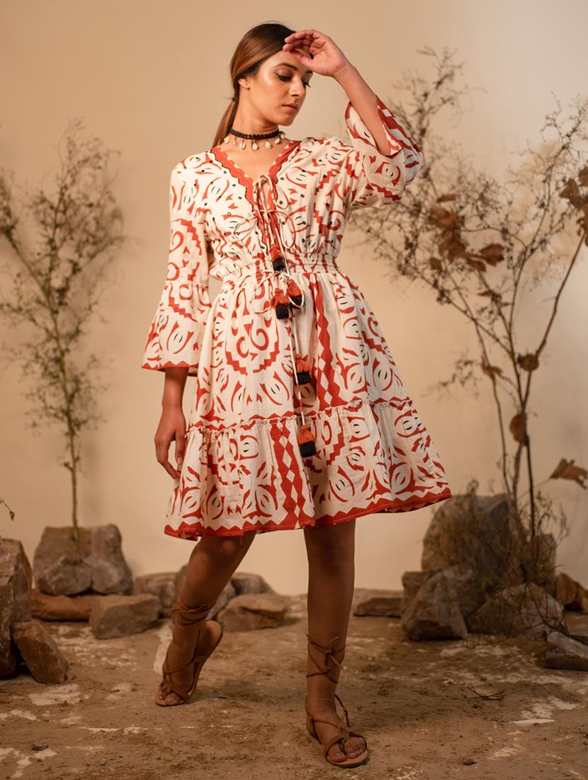 women beige v neck fit & flare dress - 20966099 - Zoom Image - 0