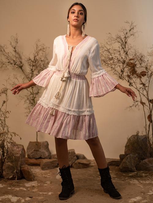 women white tie-up neck fit & flare dress - 20966102 -  Standard Image - 0
