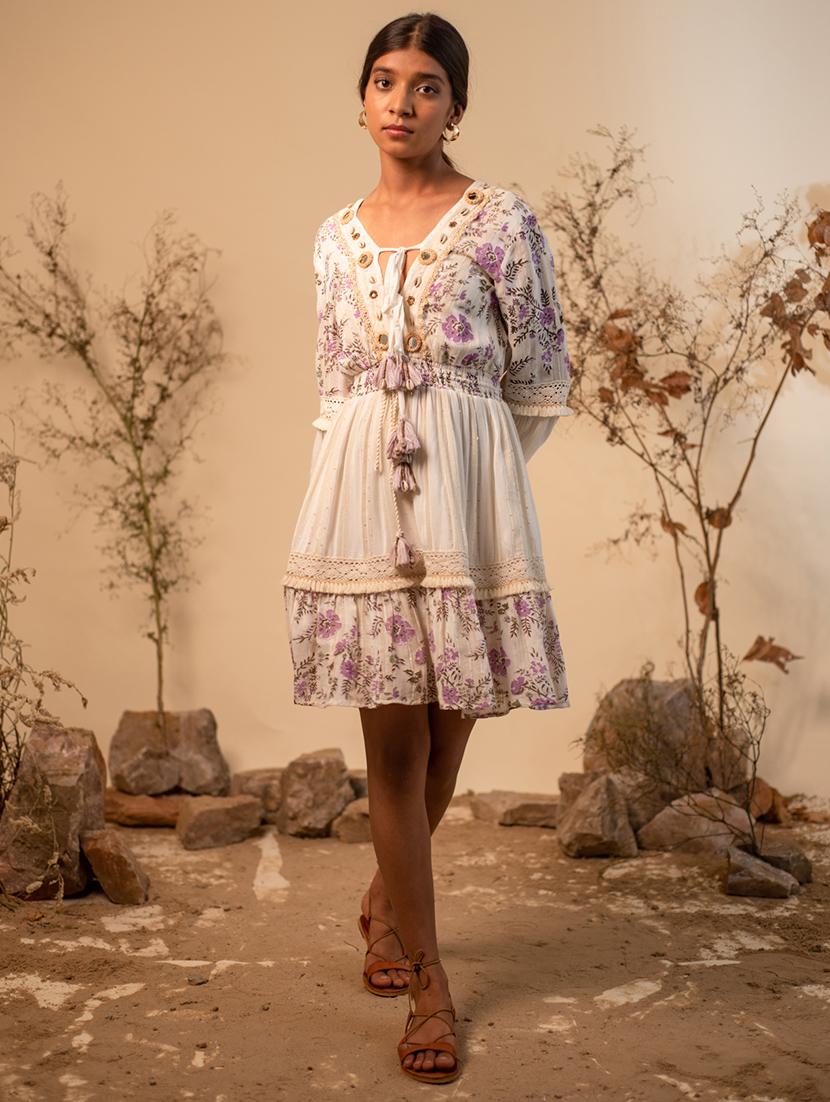 women off white tie-up neck fit & flare dress - 20966108 - Zoom Image - 0