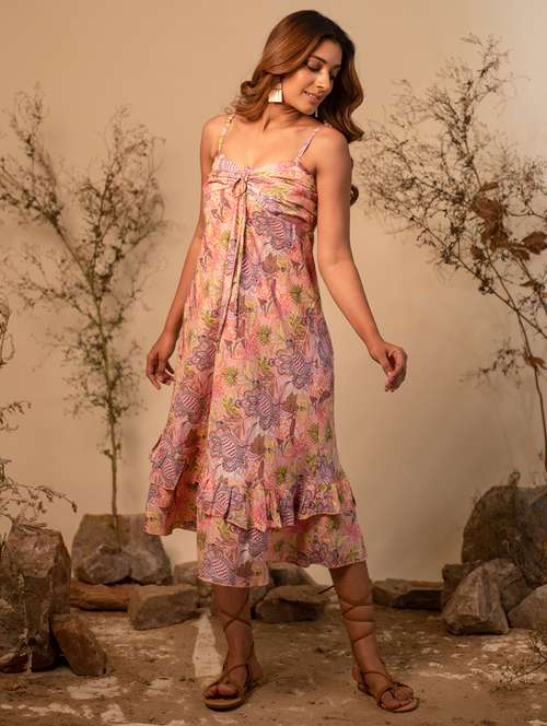pink floral printed detailed midi dress - 20966114 - Standard Image - 0