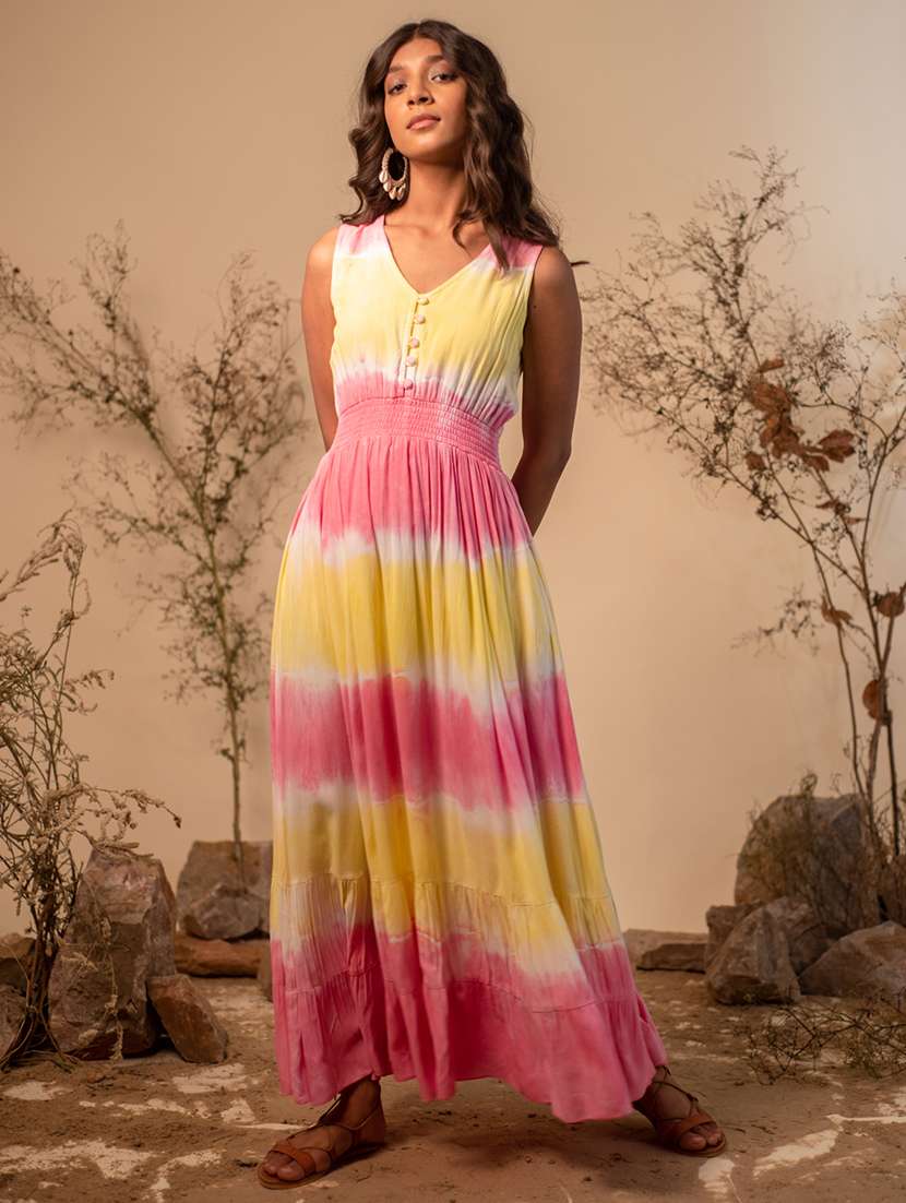 pink & yellow tie & dye printed maxi dress