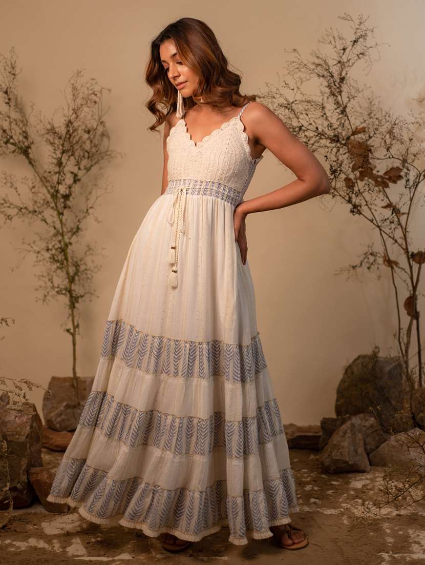 off white self design detailed maxi dress