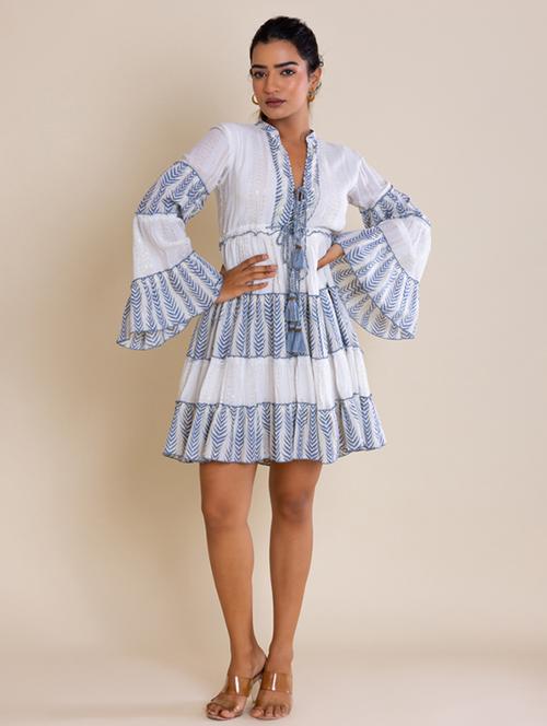 women white tie-up neck fit & flare dress - 20966128 -  Standard Image - 0