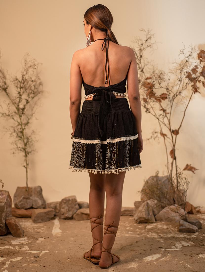 black self design detailed top & skirt with jacket set - 20966155 - Standard Image - 2