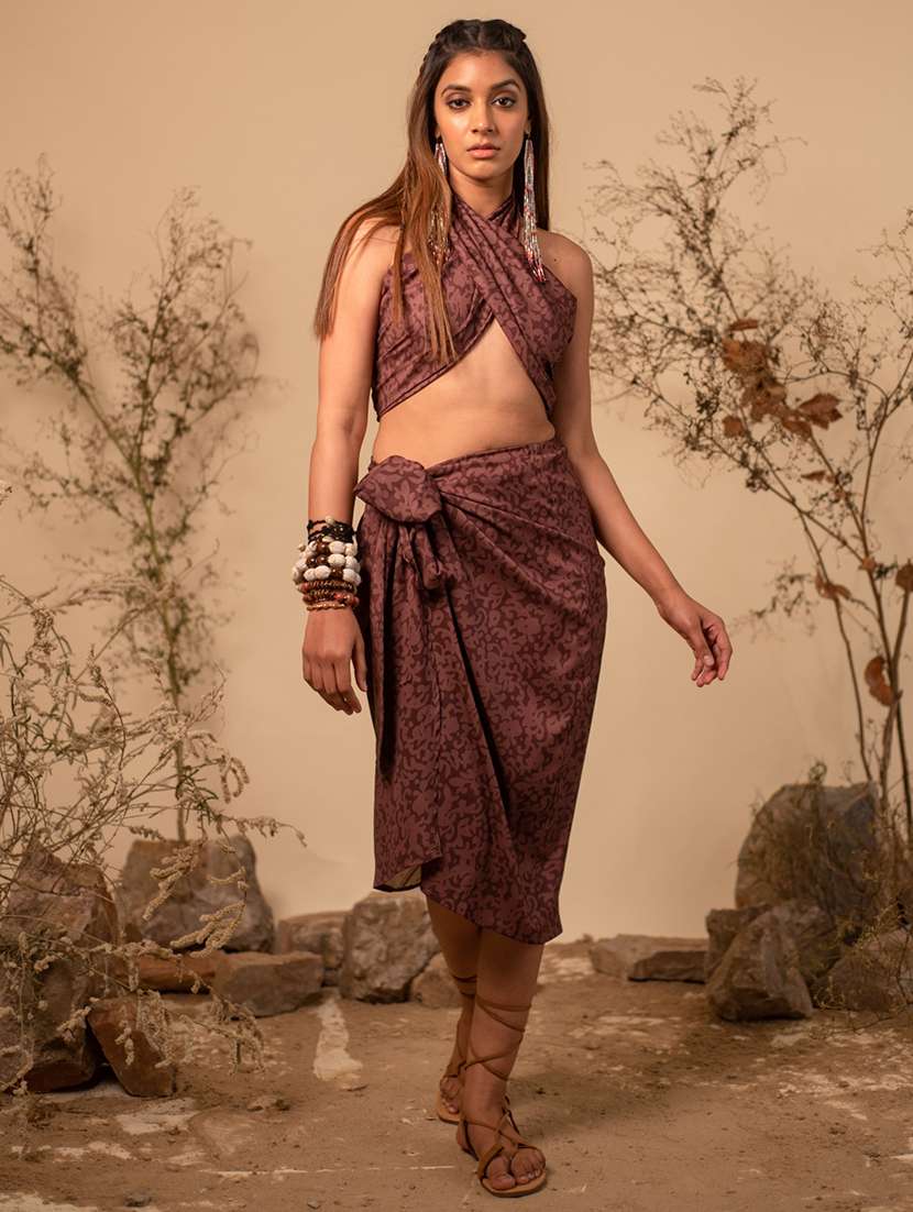 women brown printed top and skirt co-ord set