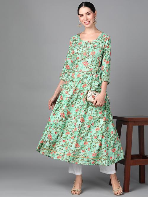 women green round neck flared kurta - 20968145 - Standard Image - 0