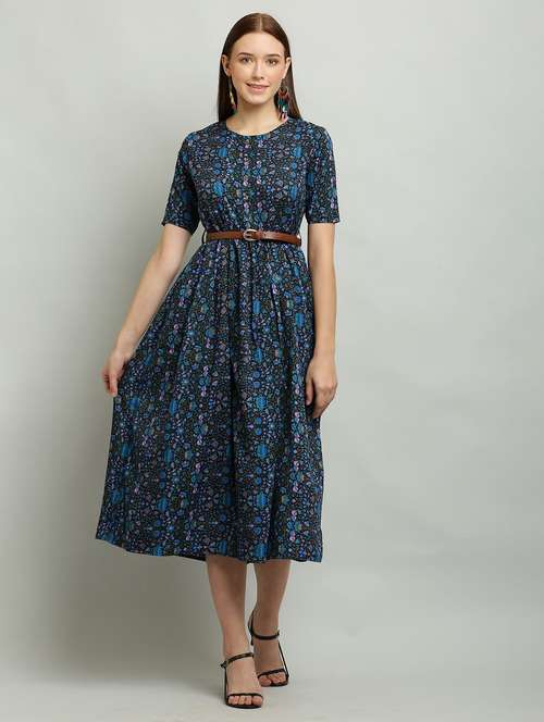 women round neck printed fit & flare dress - 20968417 - Standard Image - 0