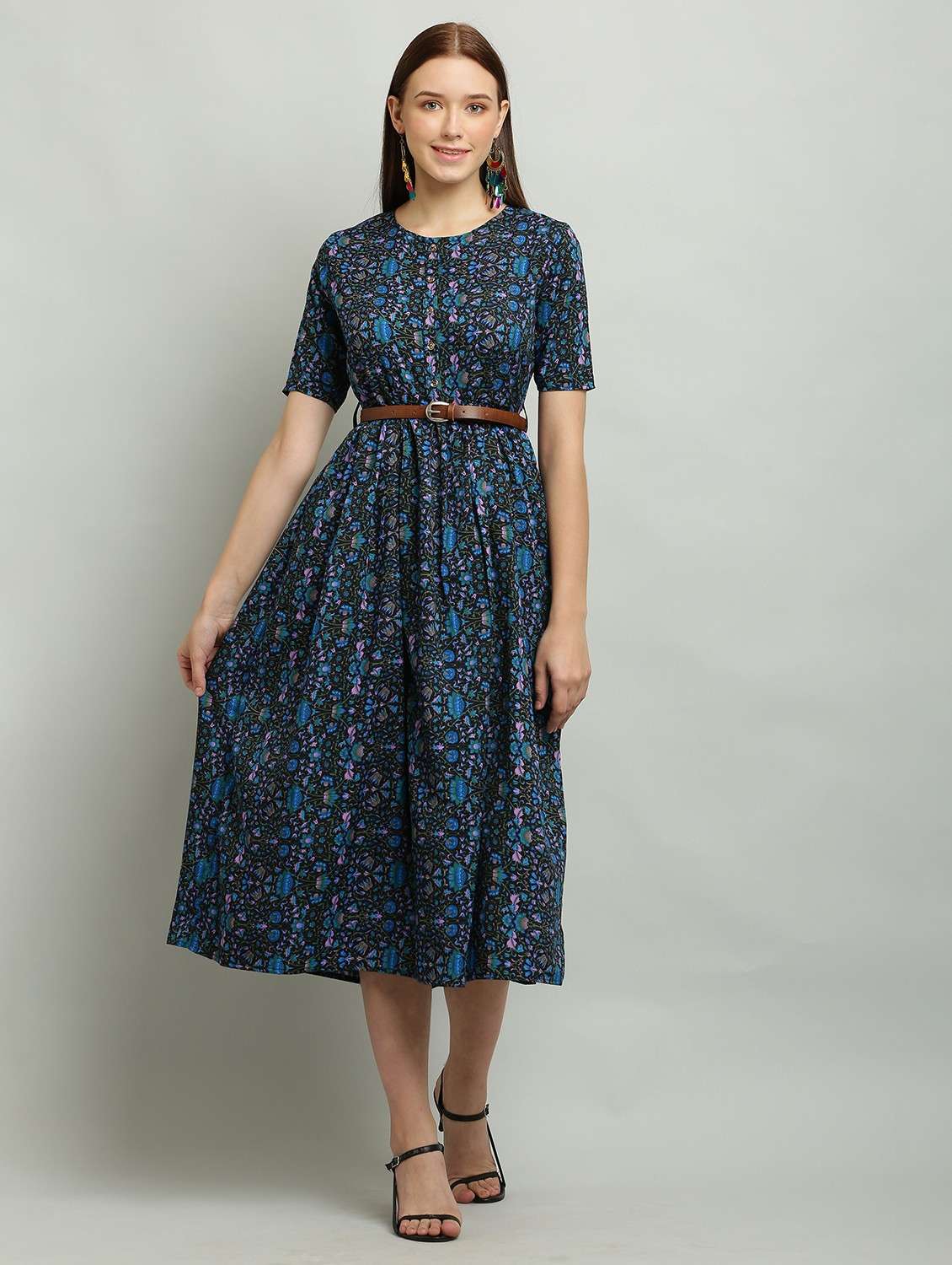 women round neck printed fit & flare dress - 20968417 - Zoom Image - 0