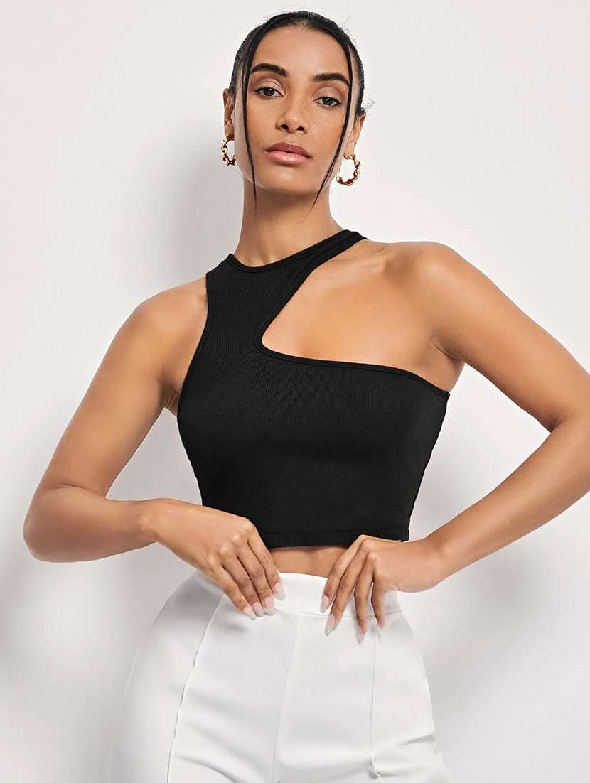 women round neck solid crop top