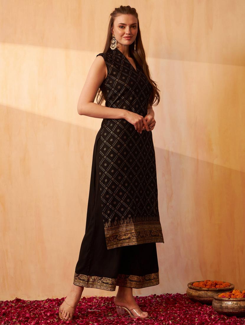 black bandhani printed kurta palazzo set set - 20968689 - Standard Image - 2