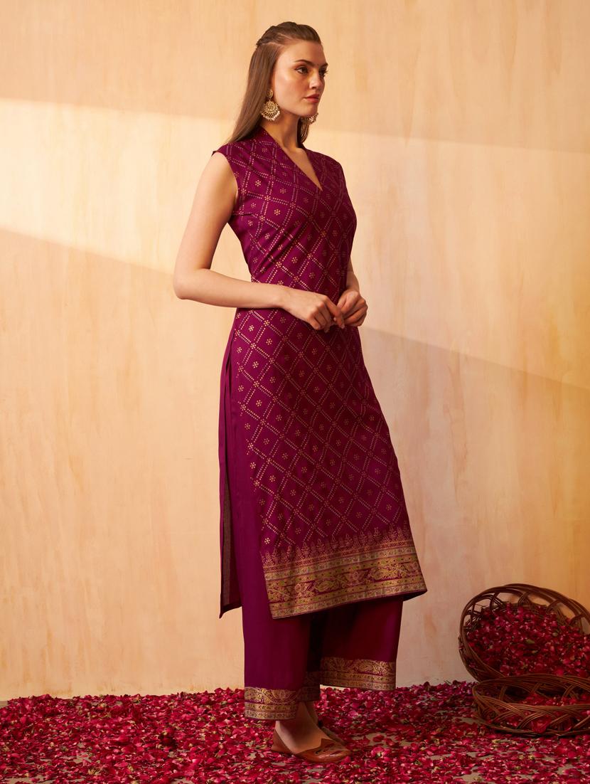 purple bandhani kurta palazzo set set - 20968690 - Standard Image - 2