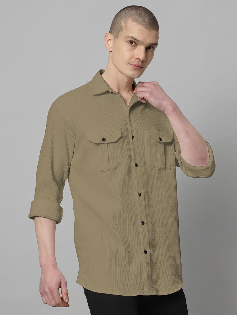khaki solid casual shirt - 20968734 - Standard Image - 2